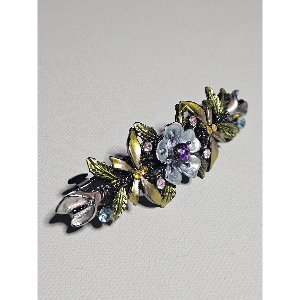 Vintage Style Floral Barrette Purple Rhinestone Crystal Enamel Flower Leaf Clip